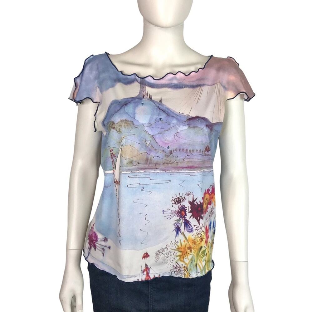 Fantazia Blue & Pink Blouse Watercolor Landscape w/ Blue Rhinestones Top